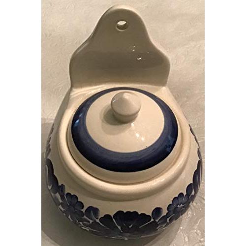 Retro Fajans Wloclawek Blue & White Pottery Sugar or Salt Box with Lid Stoneware Wall Counter