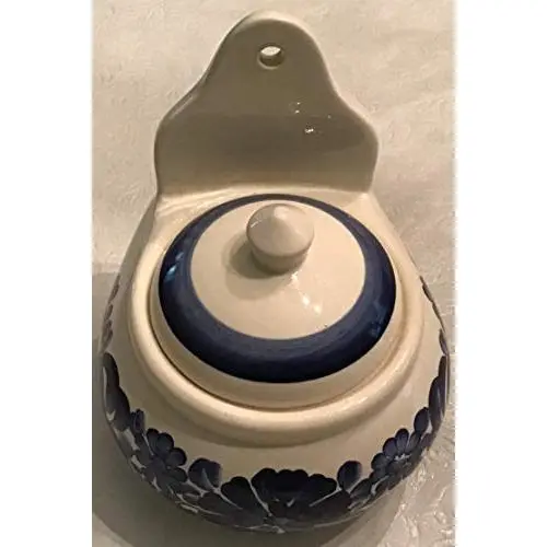 Retro Fajans Wloclawek Blue & White Pottery Sugar or Salt Box with Lid Stoneware Wall Counter Retro Fajans Wloclawek Blue & White Pottery Sugar or Salt Box with Lid Stoneware Wall Counter