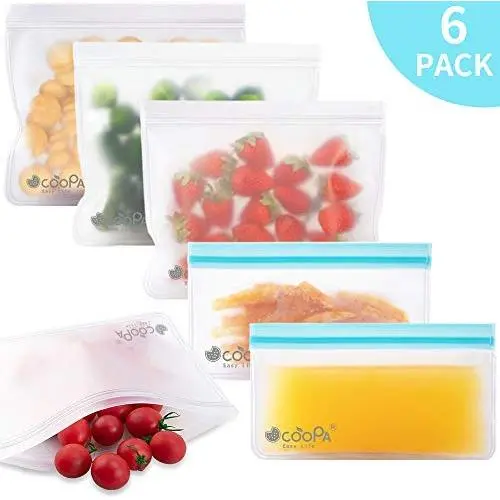 Wiederverwendbare Lebensmittelbehälter, 6er Pack Extra Dicke, Undurchlässige, Abbaubare Gefrierbeutel, FDA-Grade PEVA-Sandwich- & Snackbeutel, Freistehende Lunchtasche für Kinder, Obst, Reisen, Heimorganisation