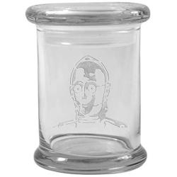 Clear 8 oz Glass Herb Stash Jar and Lid with C3P0 Logo from Smoke Promos