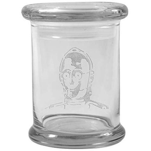 Clear 8 oz Glass Herb Stash Jar and Lid with C3P0 Logo from Smoke Promos