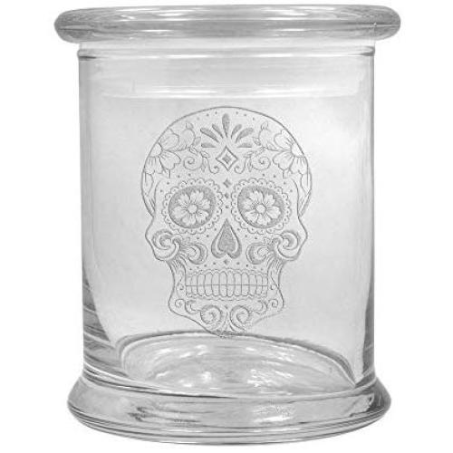 12 oz Clear Glass storage Herb Stash Jar and Lid with Sugar Skull Logo