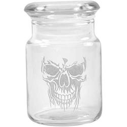Clear Glass Herb Stash Jar with Lid 4.5 oz with Skull Face Logo from Smoke Promos