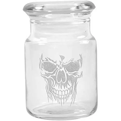 Clear Glass Herb Stash Jar with Lid 4.5 oz with Skull Face Logo from Smoke Promos Clear Glass Herb Stash Jar with Lid 4.5 oz with Skull Face Logo from Smoke Promos