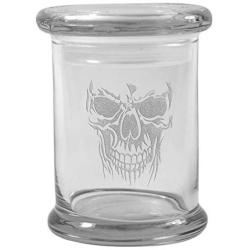 Clear 8 oz Glass Herb Stash Jar and Lid with Skull Face Logo from Smoke Promos