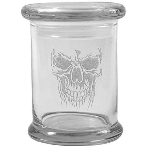 Clear 8 oz Glass Herb Stash Jar and Lid with Skull Face Logo from Smoke Promos