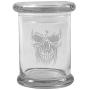 Clear 8 oz Glass Herb Stash Jar and Lid with Skull Face Logo from Smoke Promos