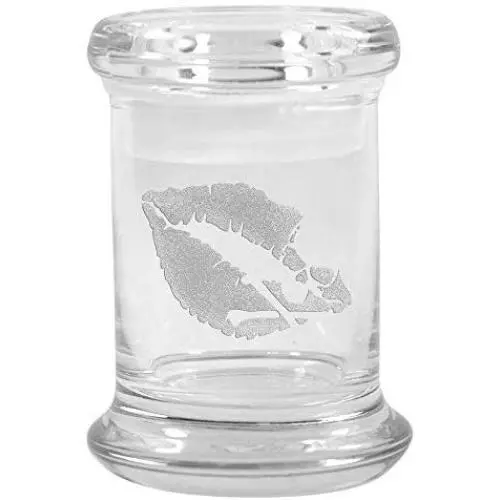 Clear Glass Herb Stash Jar with Lid 2.75 oz with Death Kiss Logo from Smoke Promos Clear Glass Herb Stash Jar with Lid 2.75 oz with Death Kiss Logo from Smoke Promos