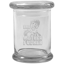 Clear 8 oz Glass Herb Stash Jar and Lid with Bad Mother f***** Logo from Smoke Promos