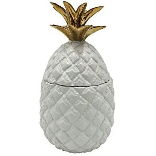 Bouteille de rangement en céramique ananas 9" ; Comfy Hour avec couvercle, céramique blanche brillante et or. Bouteille de rangement en céramique ananas 9" ; Comfy Hour avec couvercle, céramique blanche brillante et or.