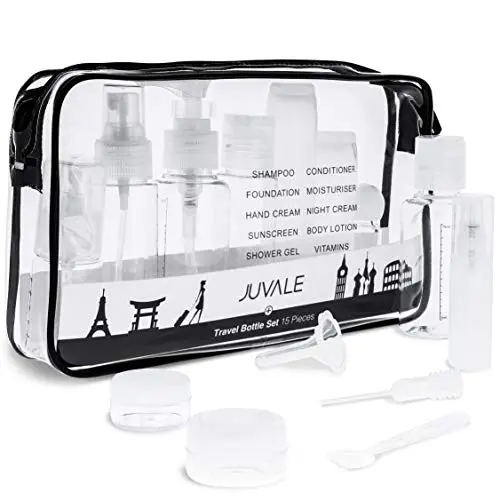 15er Set Reiseflaschen Set – TSA-Freigegeben, BPA-freie, undichtefreie Kosmetikbehälter für Lotion, Shampoo, Creme, Seife mit Reisebeutel – Klar