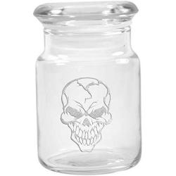 Clear Glass Herb Stash Jar with Lid 4.5 oz with Evil Skull Logo from Smoke Promos