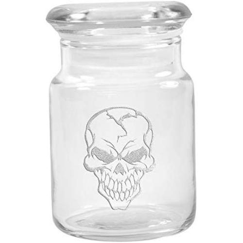 Clear Glass Herb Stash Jar with Lid 4.5 oz with Evil Skull Logo from Smoke Promos