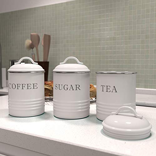 Barnyard Designs Decorative Kitchen Canisters with Lids White Metal Rustic Vintage Farmhouse Country Decor for Sugar Coffee Tea Storage (Set of 3) (4” x 6.75”)