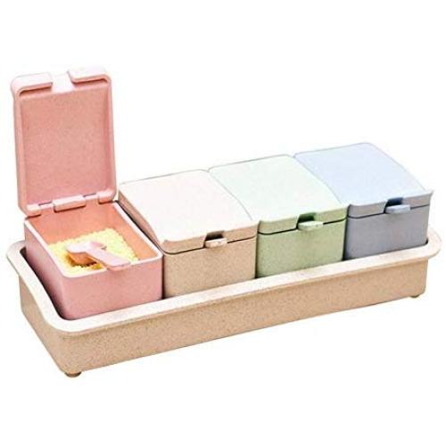 KNUPFMTI 4 Piece Seasoning Box Seasoning Rack Pots Storage Container Condiment Jars Cruet with Cover and Spoon