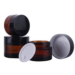 3Pcs 50g/1.7oz Portable Amber Glass Jars with White Inner Liners and Black Lids Empty Refillable Makeup Storage Container Bottle Cans Dispenser for Lotion Cream Foundation Lip Balm