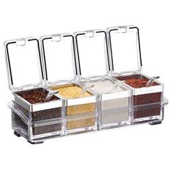 LaMei Yang Seasoning Rack Spice Pots, 4 Piece Acrylic Seasoning Box, Storage Container Condiment Jars - Cruet with Cover and Spoon, Easy to Clean