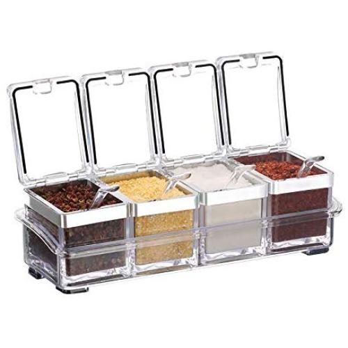 LaMei Yang Seasoning Rack Spice Pots, 4 Piece Acrylic Seasoning Box, Storage Container Condiment Jars - Cruet with Cover and Spoon, Easy to Clean