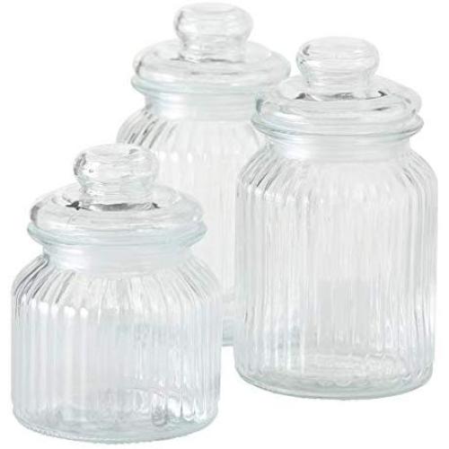 WHW Whole House Worlds Iconic Ribbed and Knob Topped Clear Glass Kitchen Storage Jars, Set of 3, Air Tight Seals, 9, 7 1/2, and 6 Inches Tall