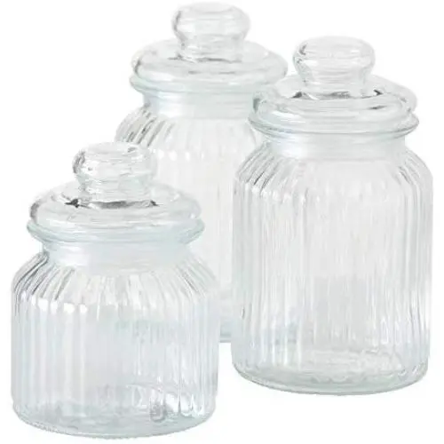 WHW Whole House Worlds Iconic Ribbed and Knob Topped Clear Glass Kitchen Storage Jars, Set of 3, Air Tight Seals, 9, 7 1/2, and 6 Inches Tall WHW Whole House Worlds Iconic Ribbed and Knob Topped Clear Glass Kitchen Storage Jars, Set of 3, Air Tight Seals, 9, 7 1/2, and 6 Inches Tall