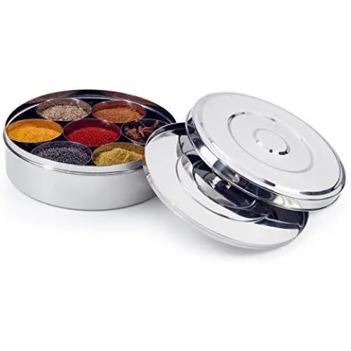 Zinel Spice Box/Masala Dabba with 7 Comparments and 2 Stainless Steel Lids, Silver, 24 cm Zinel Spice Box/Masala Dabba with 7 Comparments and 2 Stainless Steel Lids, Silver, 24 cm
