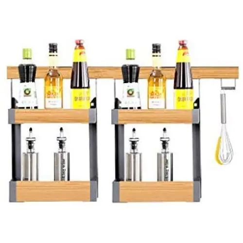 Wandregal Organizer für Gewürze, Hängekorb mit 2 Gewürzhaltern und Haken, Metallregal zur Aufbewahrung von Gewürzen und Würfeln für Küche, Badezimmer, Speisekammer (Größe: 70x14x47,7cm)