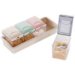 Seasoning Box Seasoning Storage Box Wheat Straw with Spoon 4-compartment Spice Box Storage Container Condiment Jars for Spice Sugar Salt