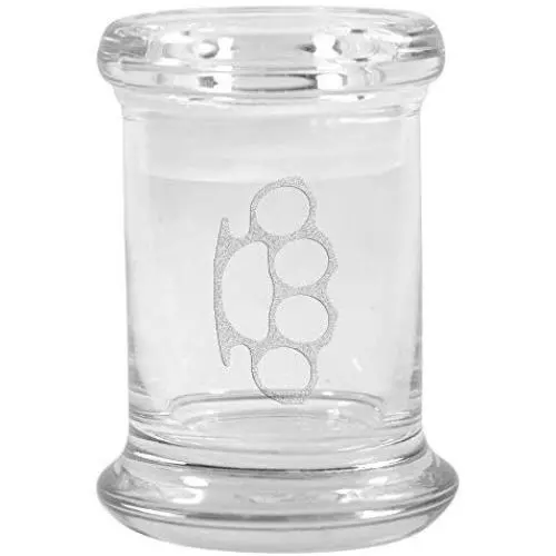 Clear Glass Herb Stash Jar with Lid 2.75 oz with Brass Knuckles Logo from Smoke Promos