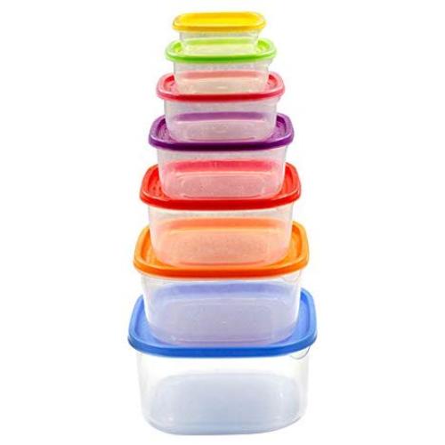 Yudesun Reusable Food Storage Boxes - 7PCS Square Storage Jars Rainbow Coloured Plastic Tubs Microwave Freezer Box Ideal for Lunches and Meal Prep