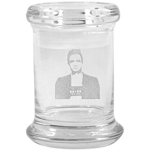 Clear Glass Herb Stash Jar and Lid 2.75 oz with Johnny Cash Mugshot Logo from Smoke Promos