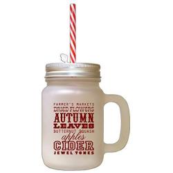 Maroon Autumn Leaves Butternut Squash Apples Cinder Frosted Glass Mason Jar With Straw