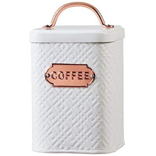 Amici Home, A5IP005R, Ventana Collection Coffee Metal Storage Canister, Food Safe, Copper Handle and Relief Label, Push Top Lid, 60 Ounces