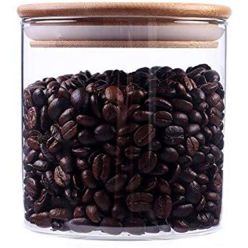 Thicken Glass Storage Jar, Food Storage Container/Canisters with Airtight Bamboo Lid for Tea, Coffee, Honey, Cacao Powder,BPA Free Perfect as a Cereal Dispenser by Leaves and Trees (4 inch high)