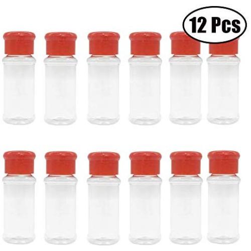 Plastic Spice Bottles with Sifter Lid Set of 12 Pcs 3 Oz. Clear Reusable Containers Jars for Home Kitchen Herbs Seasonings Confectionary Toppings (Red)