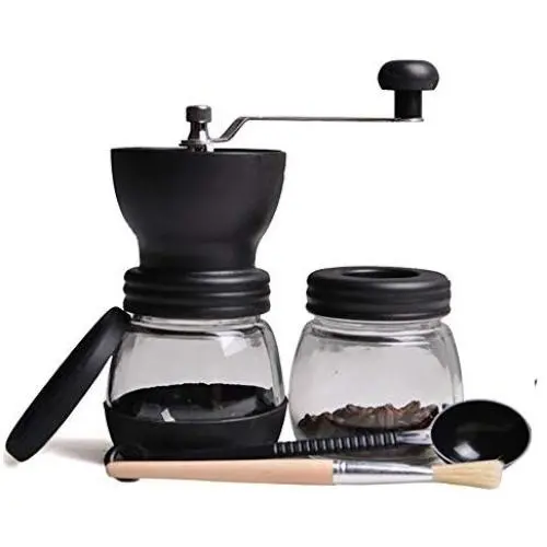 Moulins à Café Manuel Homejuan avec Pot de Rangement Brosse Souple Conique en Céramique Silencieux et Portable pour Aeropress, Café Filtre, Espresso, Presse Française