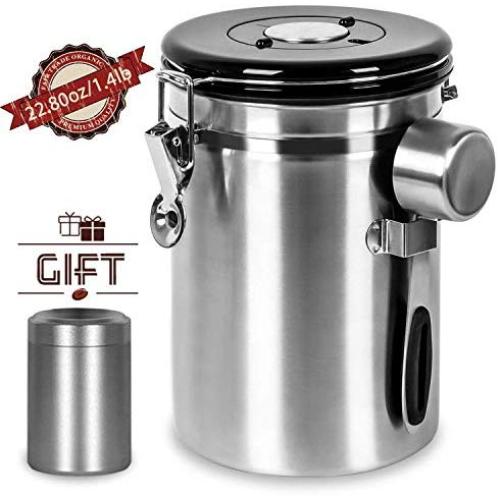 Sanlinkee Airtight Coffee Canister, Large Stainless Steel Tea & Coffee Storage for 22.8oz Coffee Beans,Canister with co2 Valve, 30ml Measure Spoon,70 ml Mini Travel Jar and Calendar Wheel
