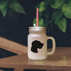 Black German Rough Haired Pointer Silhouette Frosted Glass Mason Jar With Straw