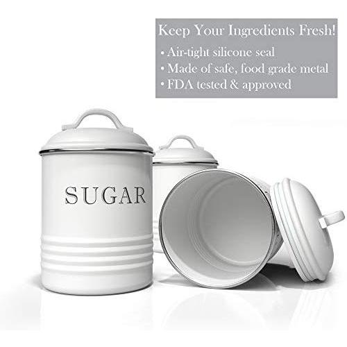 Barnyard Designs Decorative Kitchen Canisters with Lids White Metal Rustic Vintage Farmhouse Country Decor for Sugar Coffee Tea Storage (Set of 3) (4” x 6.75”)