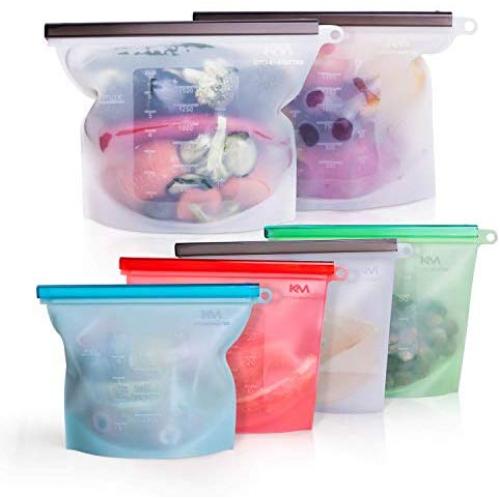 Reusable Silicone Food Storage Bags- Ideal for Snack, Lunch, Sandwich, Fruit, Vegetable, Stationery, Travel, Ziplock Sous Vide, Airtight and Microwave Freezer Dishwasher Safe, no BPA (Pack Of 6)