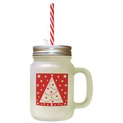 Red Merry Christmas Tree Frosted Glass Mason Jar With Straw