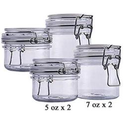 The Grindstone | Assorted Set of PET Plastic Kilner Style Jars | Round Clear Acrylic | Airtight Mason Style Canister Lids | Set of two 5 oz & two 7 oz Storage Jars | Pack of 4