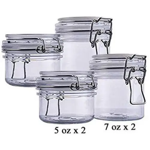 The Grindstone | Assorted Set of PET Plastic Kilner Style Jars | Round Clear Acrylic | Airtight Mason Style Canister Lids | Set of two 5 oz & two 7 oz Storage Jars | Pack of 4 The Grindstone | Assorted Set of PET Plastic Kilner Style Jars | Round Clear Acrylic | Airtight Mason Style Canister Lids | Set of two 5 oz & two 7 oz Storage Jars | Pack of 4