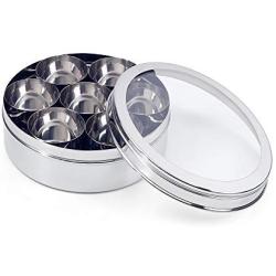 Zinel Stainless Steel Spice Box/Masala Dabba with 7 Comparments and Transparent Lid, 16cm