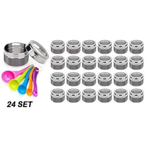 Stainless Steel Magnetic Spice Jars - Bonus Measuring Spoon Set - Airtight Kitchen Storage Containers - Stack on Fridge to Save Counter & Cupboard Space (Set of 24 PCS - Gray) Stainless Steel Magnetic Spice Jars - Bonus Measuring Spoon Set - Airtight Kitchen Storage Containers - Stack on Fridge to Save Counter & Cupboard Space (Set of 24 PCS - Gray)