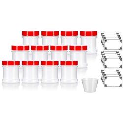 Natural Spice Sifter Jar with Airtight Red Lids holds 1 oz / 30 ml / 28 grams each (12 pack) + Labels and Measuring Cup