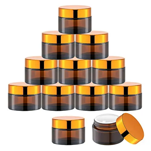 1 Oz Glass Cream Jars with Gold Lid, Empty Amber Glass Containers, Refillable Cosmetic Vials for Salve, Lotion, Ointment (12 PCS) 1 Oz Glass Cream Jars with Gold Lid, Empty Amber Glass Containers, Refillable Cosmetic Vials for Salve, Lotion, Ointment (12 PCS)