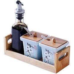 Kitchen seasoning box/Ceramic Condiment Storage Container with Bamboo Wood Tray Glass Seasoning jar Oil Pot Bottle 23 8.3 20cm