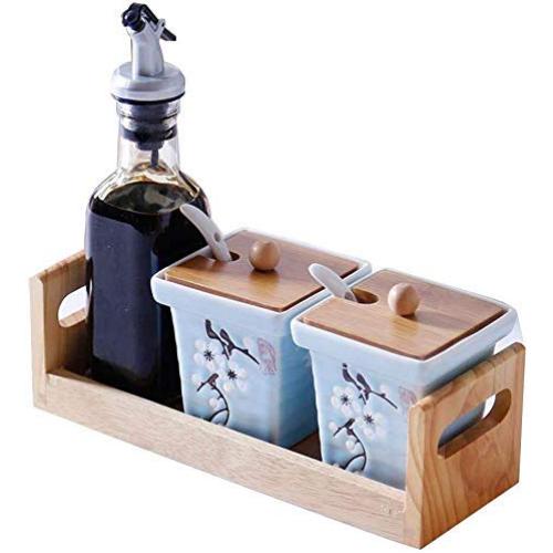 Kitchen seasoning box/Ceramic Condiment Storage Container with Bamboo Wood Tray Glass Seasoning jar Oil Pot Bottle 23 8.3 20cm
