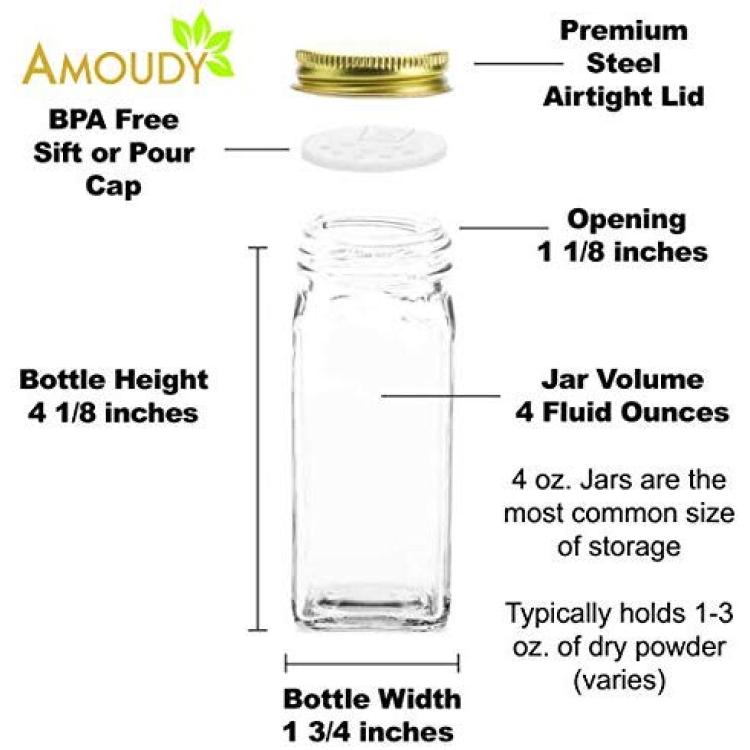 12 Square Clear Glass Bottles Containers Jars 4oz with Gold Metal Lids and  Shaker Tops Empty