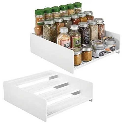 mDesign Plastic Kitchen Spice Bottle Rack Holder, Food Storage Organizer for Cabinet, Cupboard, Pantry, Shelf - Holds Spices, Mason Jars, Baking Supplies, Canned Food, 4 Levels, 2 Pack - White